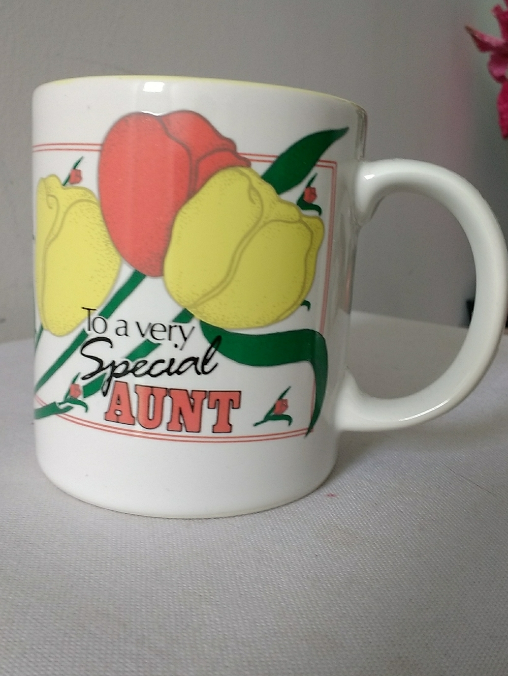 To a Very Special Aunt Floral Ceramic Mug - White with Yellow & Red Tulips